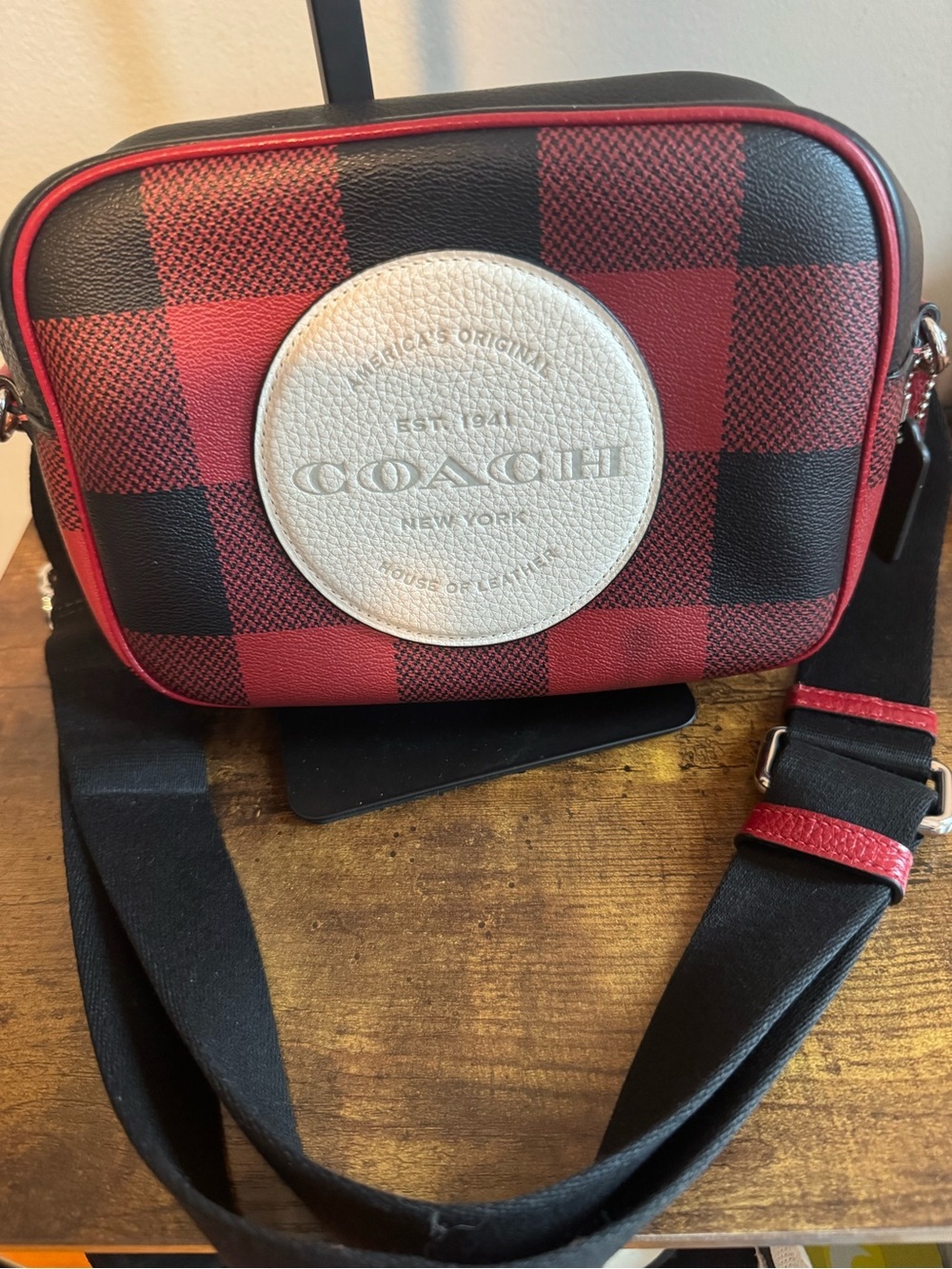Coach Red & Black Buffalo Plaid Camera Bag with White Logo Patch - Picture 4 of 7